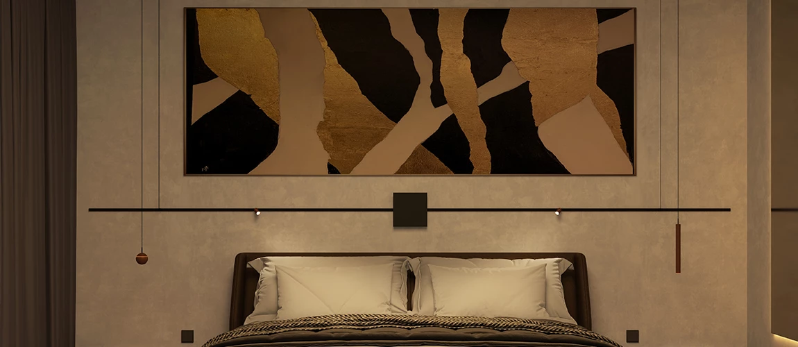 A cozy bedroom featuring a neatly made bed with a beautiful painting hanging above it, creating a serene atmosphere.  